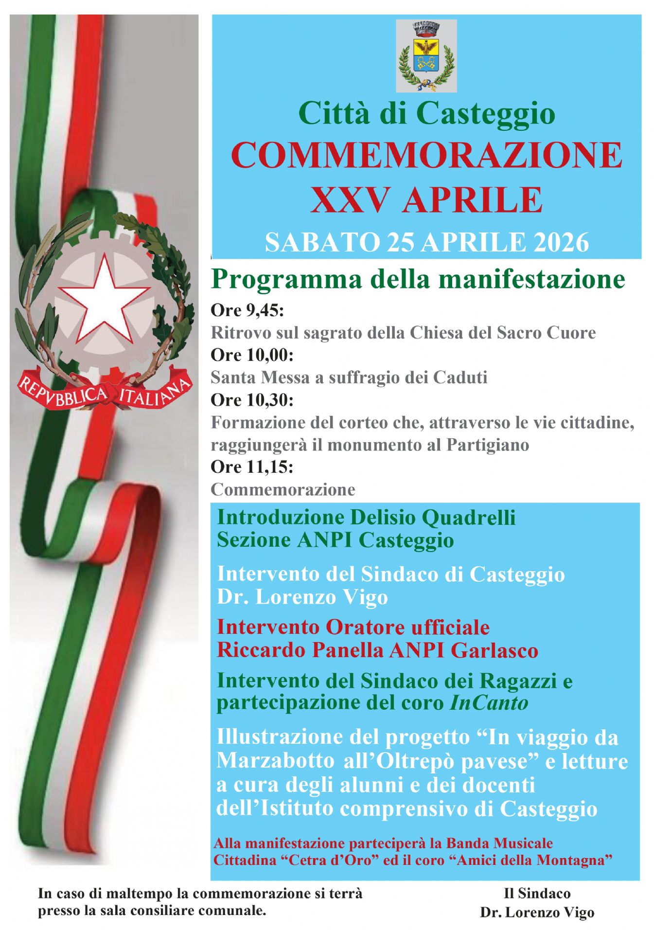 Programma commemorazione sabato 25 aprile 2026