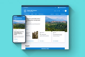 Immagine della pagina internet del comune accanto ad un immagine di uno Smartphone con aperto il sito del comune sullo schermo