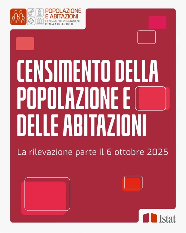 Su sfondo color porpora, al centro, la scritta "CENSIMENTO DELLA POPOLAZIONE E DELLE ABITAZIONI", in bianco e in maiuscolo. Al di sotto, la scritta " La rilevazione parte il 6 ottobre 2025", in bianco e in minuscolo. Su sfondo bianco, in alto a sinistra, un quadrato su sfondo rosso con raffigurate delle persone stilizzate e altri quattro quadrati bianchi con raffiguranti degli ingranaggi, una spiga di grano, quattro mani che si uniscono e un tempio. A fianco, la scritta "POPOLAZIONE E ABITAZIONI", in rosso e in maiuscolo e la scritta "CENSIMENTI PERMANENTI L'ITALIA A TU PER TUTTI", in nero e in maiuscolo. Su sfondo bianco, in basso a destra, il logo dell'Istat e la scritta "Istat". Compaiono anche dei quadrati raffigurati su sfondo porpora e che circondano le scritta centrali citate nella parte iniziale della descrizione.