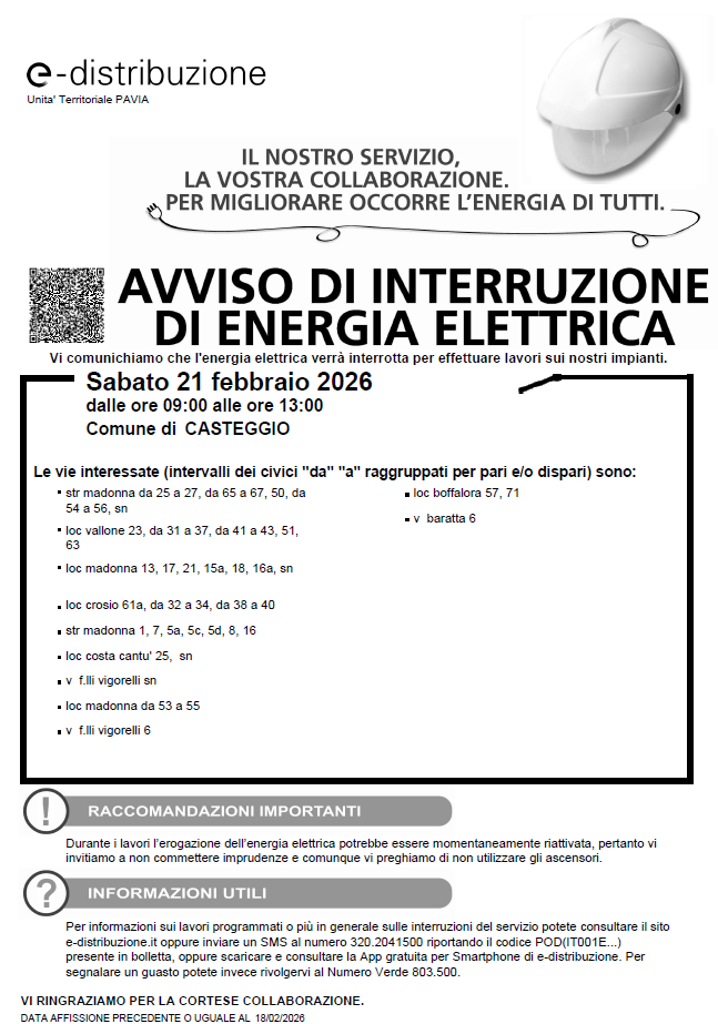 Avviso di Interruzione de Energia Elettrica fornito da E-Distribuzione