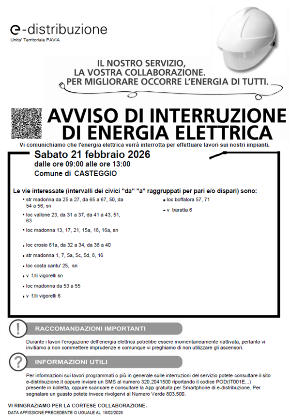 Avviso di Interruzione de Energia Elettrica fornito da E-Distribuzione