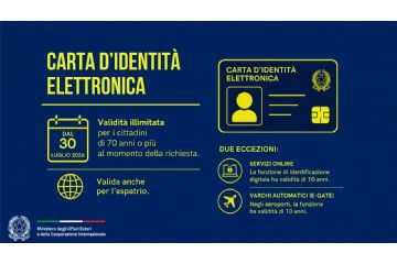 Immagine su sfondo blu scuro con scritte e grafiche in giallo brillante.
In basso a sinistra, è presente il logo della Repubblica Italiana affiancato dalla bandiera tricolore e dalla scritta "Ministero degli Affari Esteri e della Cooperazione Internazionale".
Sul lato sinistro, la scritta "CARTA D’IDENTITÀ ELETTRONICA" in giallo, icona di un calendario con la data "DAL 30 LUGLIO 2026" e la scritta: "Validità illimitata per i cittadini di 70 anni o più al momento della richiesta".
Sempre sul lato sinistro, icona del mondo e la scritta "Valida anche per l’espatrio".
Sul lato destro, è rappresentata una stilizzazione grafica della CIE, affiancata dalla sezione "DUE ECCEZIONI".
E' raffigurata l'icona di un laptop con lucchetto e la scritta "SERVIZI ONLINE - La funzione di identificazione digitale ha validità di 10 anni".
Sempre sul lato destro, icona di un aereo e la scritta: "VARCHI AUTOMATICI (E-GATE) - Negli aeroporti, la funzione ha validità di 10 anni".