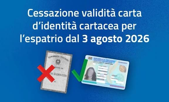 Su sfondo blu scuro, la scritta: " Cessazione validità carta d'identità cartacea per l'espatrio dal 3 agosto 2026". Immagine di una carta d'identità cartacea con disegnata sopra una X rossa e immagine di una carta d'identità elettronica ccon disegnata sopra una spunta verde.